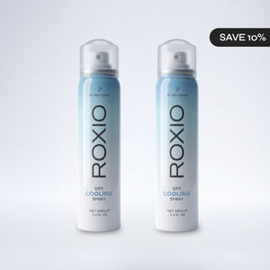 Two Roxio dry cooling spray bottles on a light gray background with a discount label.